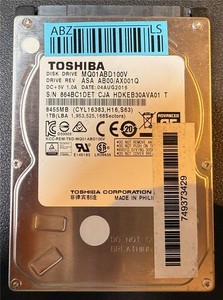 Toshiba, 1TB, MQ01ABD100V, ASA AB00/AX001Q, S/N: 864BC1DET, SATA HDD