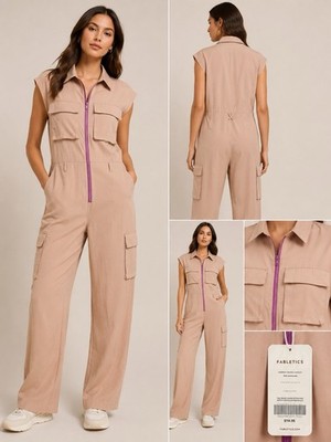 Fabletics Harmony Woven Cargo Utility Jumpsuit Beige Zip Front Women s