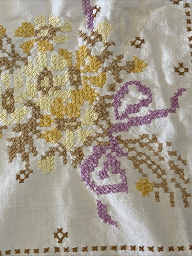 Vintage Embroidered Tablecloth Flaws Ivory No Tag Handmade Pieced Together - Picture 3 of 11
