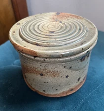 VTG Studio Art Pottery French Butter Keeper Crock Bell Signed Brown Speckled