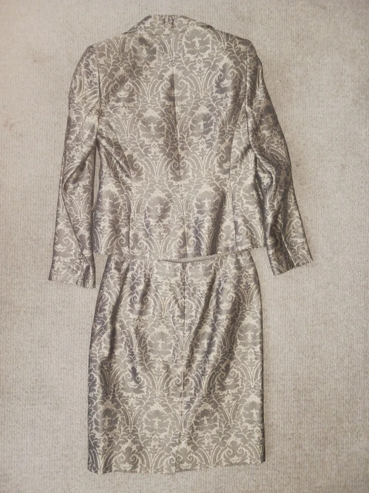 Conjunto de traje Anne Klein para mujer talla 6 gris beige falda lápiz abstracta 100 % seda Foto 3 de 4