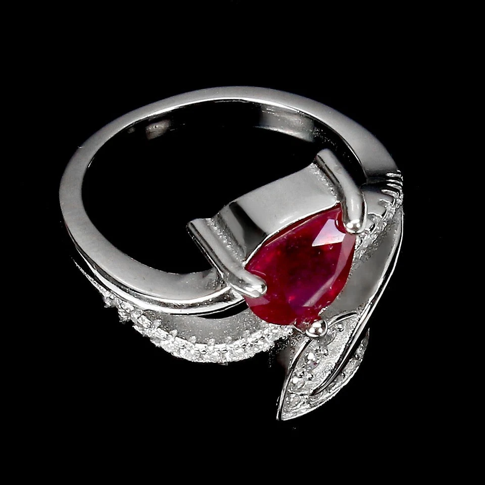 925 Sterling Silver Ring with Pear-Shaped Ruby (8x6mm) Simulated Zirconia... - Image 3 of 4