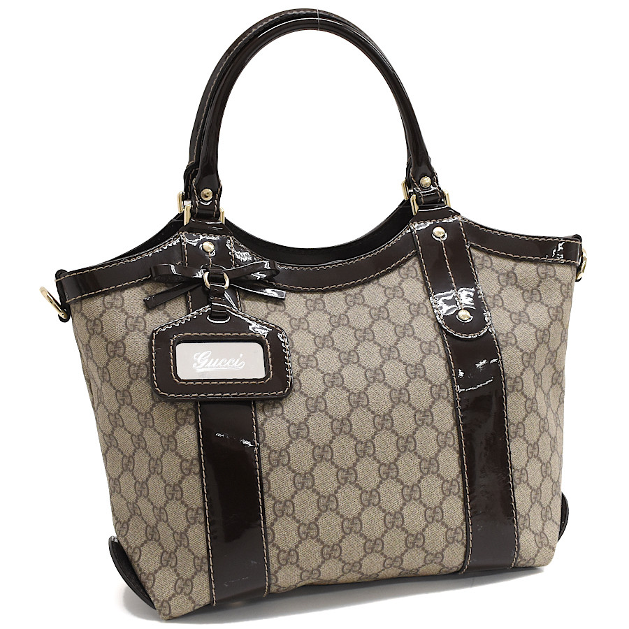 GUCCI Ribbon Tote Bag Handbag 203521 GG Sprem PVC Enamel Beige