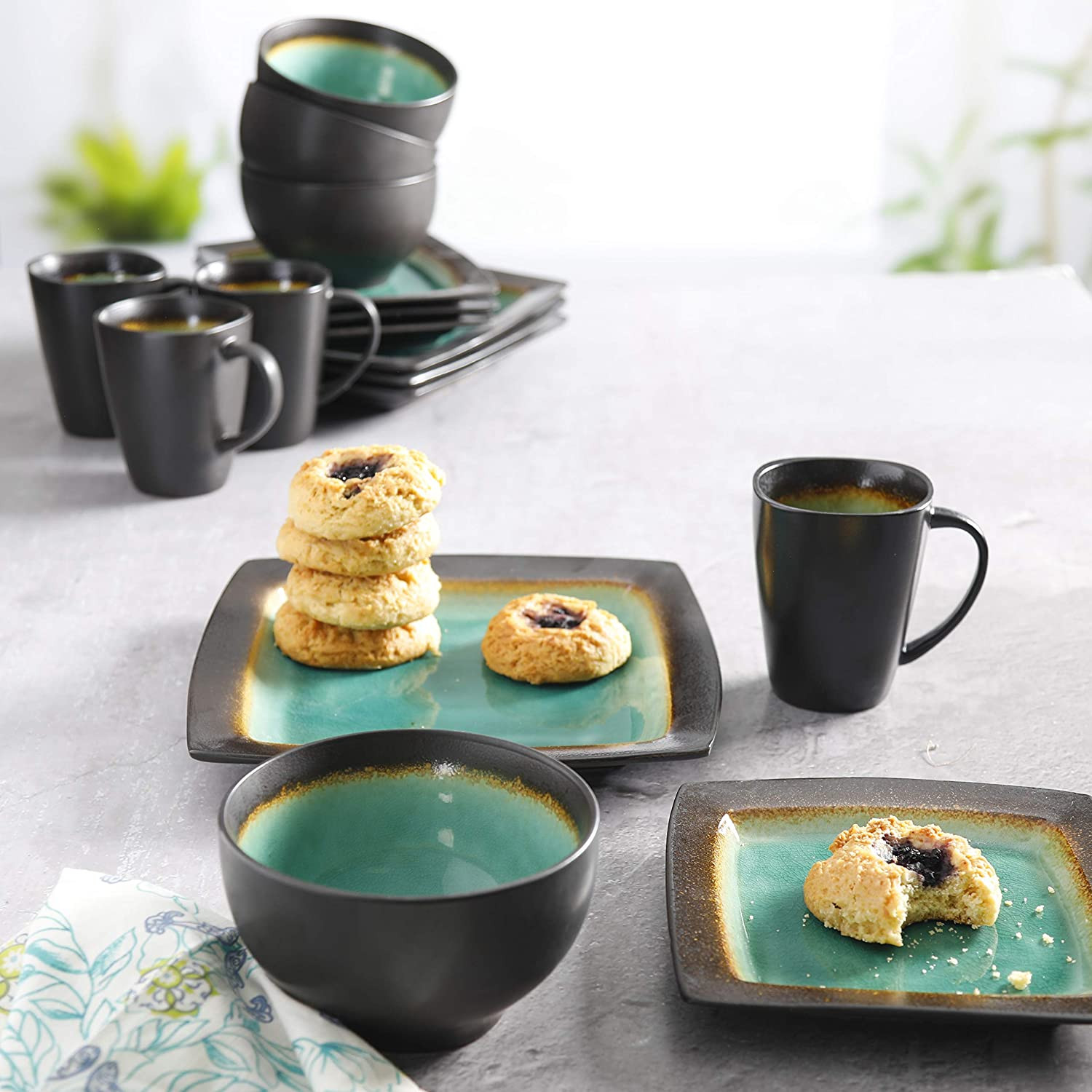 Gibson Elite Ocean Paradise Square Reactive Glaze Stoneware Dinnerware Set, Serv