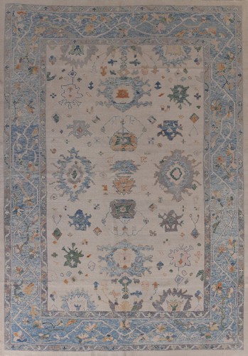 Vegetable Dye Ivory/ Blue Wool Hand-made Oushak Turkish Living Room Rug 10x13