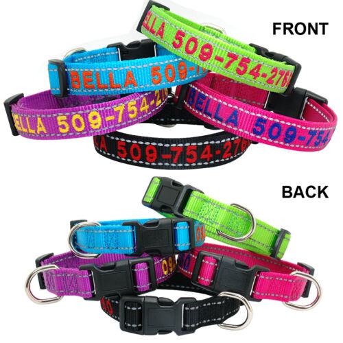 Reflective Nylon Personalised Dog Collar Embroidered Custom ID Name Phone Number - Picture 7 of 29