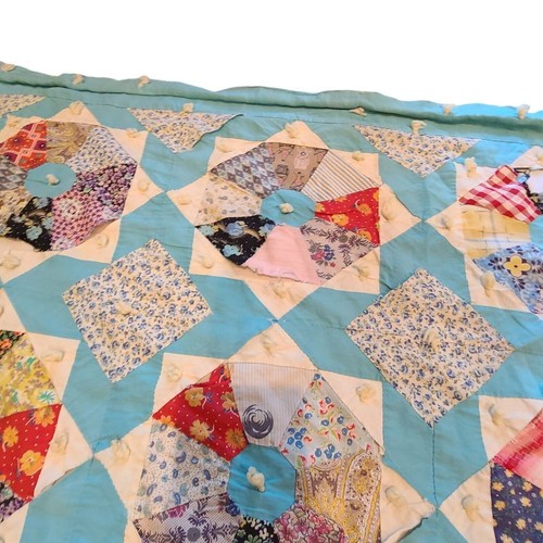 Vintage Scrappy geometric tied quilt blue 81"x 94" depression As Is Cutter Worn - Picture 12 of 12