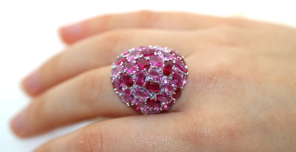 maestoso anello vero argento 925 ovale zirconi rosa magenta regolabile elegante - Immagine 2 di 4