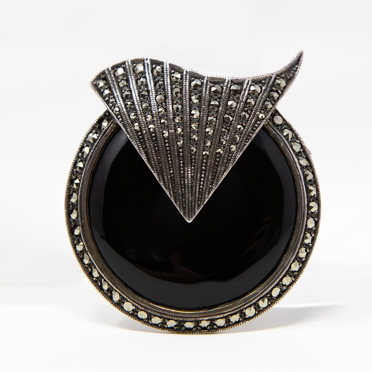 Vtg SHA Art Deco Style 925 Silver Black Onyx Marcasite