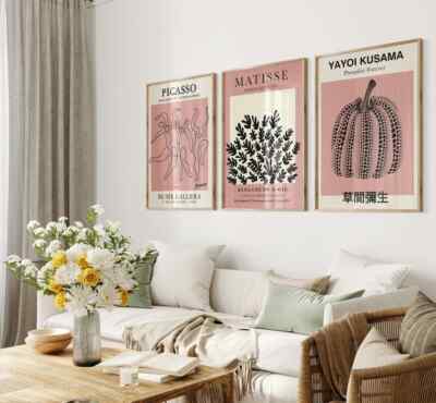 Matisse Print Set 3 Piece Wall Art, Picasso Yayoi Kusama Pink