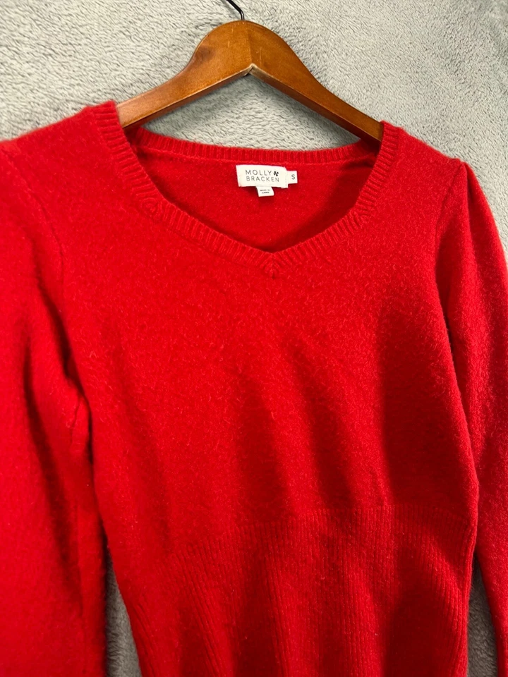 MOLLY BRACKEN Sweater Womens Small Red Sweater V Neck Princess Puff Long Sleeve - Image 2 of 4