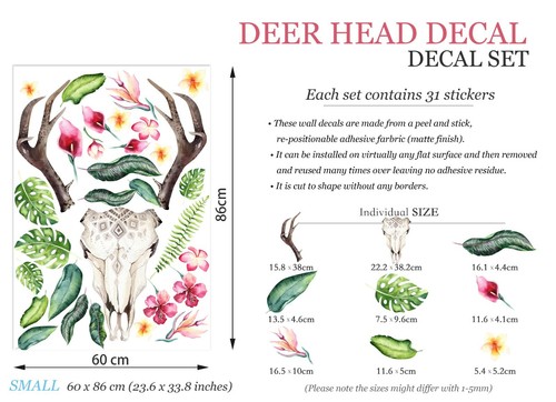 Bohemian Deer Head Antlers Jungle Coconut Leaf Palm Wall Decal Sticker Room Deco - Bild 4 von 5