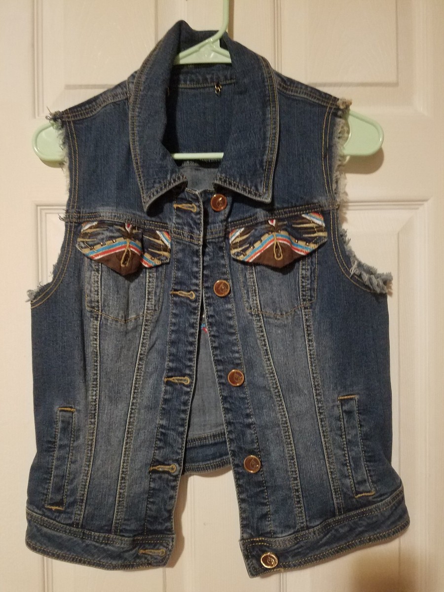 Baby Phat Women's Denim Vest Size L Dark Wash Tribal Sleeveless Large