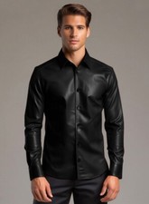 Men's Black Classic Shirt Style Regal Leather Shirt Jacket Pure Lambskin Biker