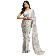 Indian Chiffon Saree With Unstitched Blouse Piece Party Wedding Wear For Women