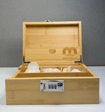 Bamboo Stash Box by MustStash, with Combination Lock and Rolling Accessories