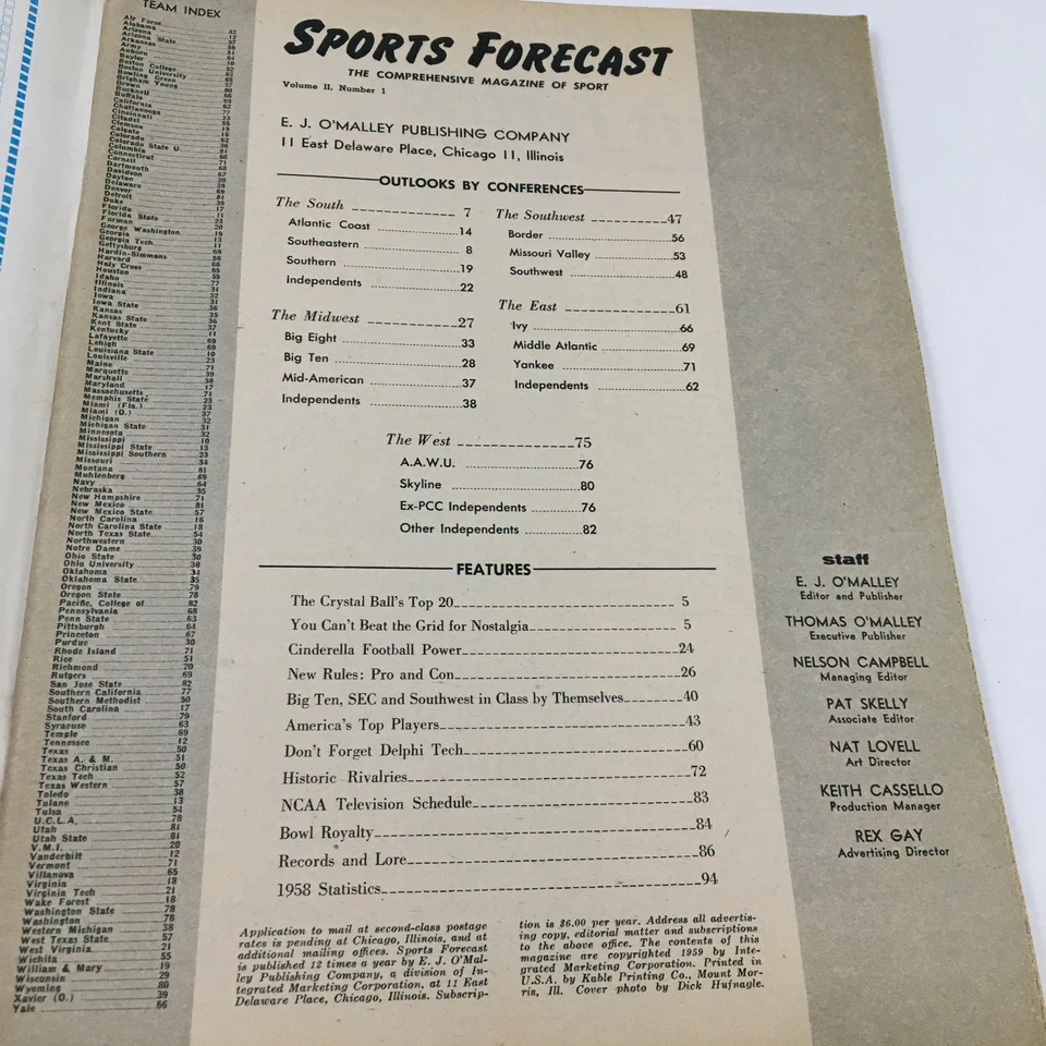 Sports Forecast Magazine Vol. 2 No. 1 1958 The Crystal Ball's Top 20 No Label - Image 3 of 3