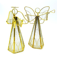 Set of 2 Vintage 90s Lead Glass Clear and Gold Stained Glass Angel Figurines