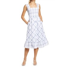 Eliza J Blue Plaid Seersucker Smocked Midi Sundress Pinafore Cottagecore 14 EUC