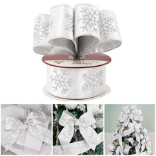 White Christmas Tree Ribbon 2.5 Inch White and Sliver Snowflake Wired Ribbon ...