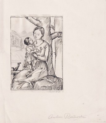 Anton Rausch München - Mutter Kind Baum Zeichnung drawing 20. Jh.