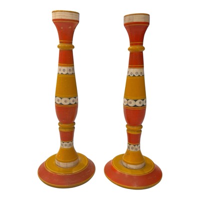 RARE Antique Indian Camel Bone Inlay Lacquered Candlestick Holders Set of 2