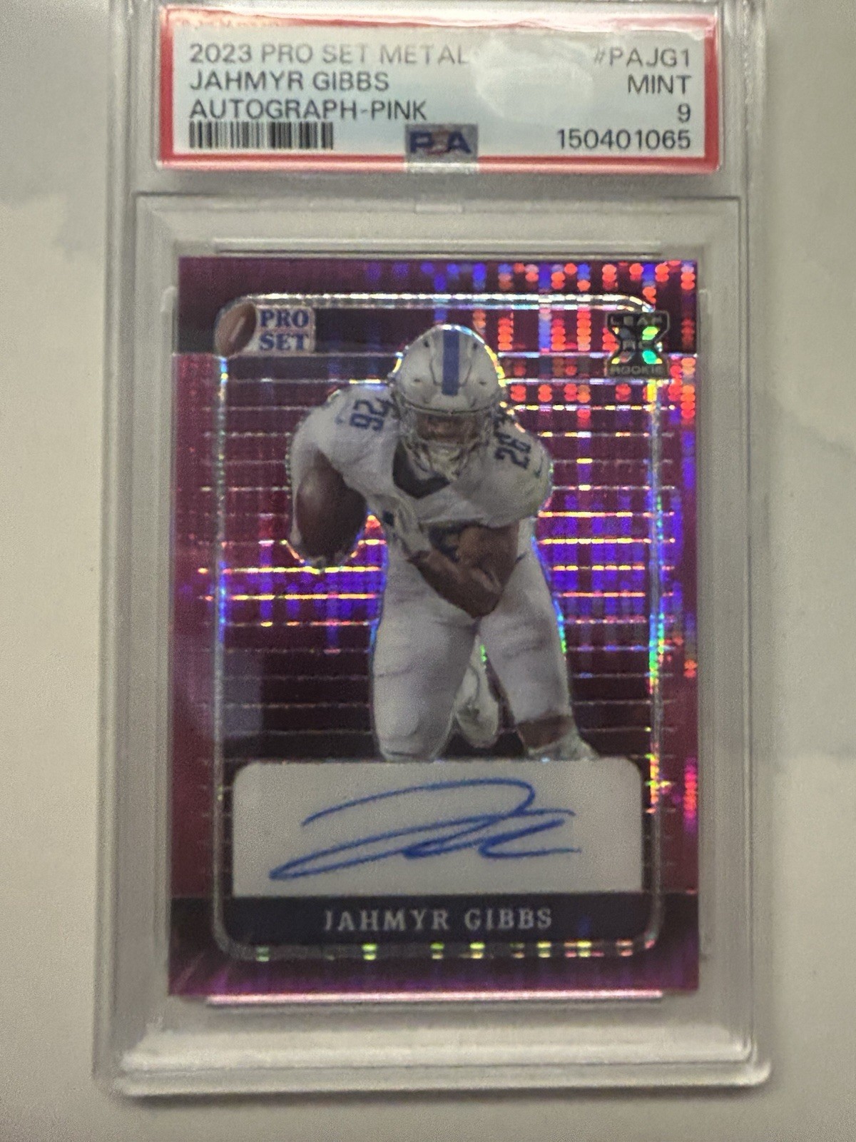 2023 Pro Set Metal Jahmyr Gibbs Autograph Pink RC PAJG1 4/4 PSA 9 view 1