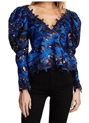Acler  Blouse Top Davis size 4 blue/navy lace long sleeve