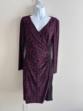 CHAPS BLACK & FUCHSIA PINK Wrap Front  DRESS Small Petite Long Sleeve Floral
