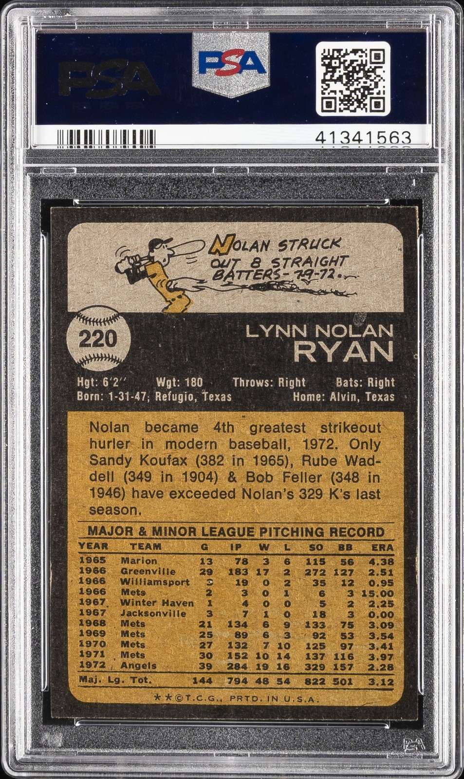 1973 TOPPS #220 NOLAN RYAN PSA 7 view 2