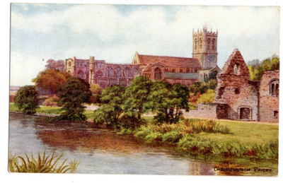 AR Quinton Christchurch Priory Dorset 930 J Lachs 1940er Vintage Kunst Postkarte