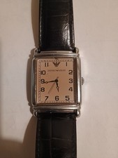 Emporio Armani AR0203 Rectangular Quartz Watch Beige Dial, Black Leather - Works