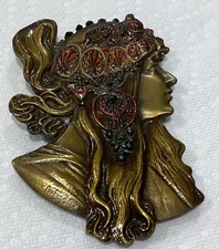 1970s Alphonse Mucha Bergamot Brass Works Gypsy Boho Belt Buckle VTG