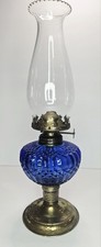 Vintage Cobalt Blue Glass Mini Oil Lamp Kerosene Lamp w/ Clear Chimney 12"
