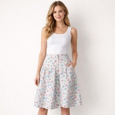 Vintage 1980s PAstel Floral Cotton Cottage Floral Midi Skirt w pockets XL