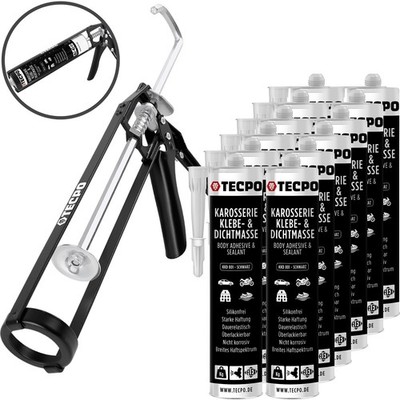 12x TECPO KAROSSERIE KLEBE DICHTMASSE 370 g SCHWARZ + SKELETT-KARTUSCHENPRESSE