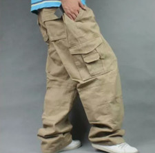 Men's Army Combat Loose Baggy Casual Cargo Pants Cotton Outdoor Work Trousers uk