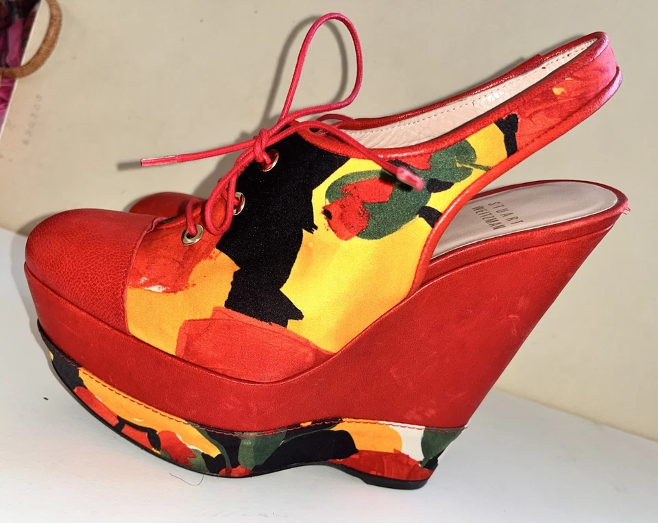 Stuart Weitzman 充满活力的红色花卉 Itsatie 厚底楔形鞋新款 6.5 M 码 — 第 3/4 张图片