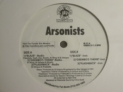 ARSONISTS BLAZE / GEEMBO'S THEME / FLASHBACK 12'' '97 FONDLE 'EM INDIE RAP VG/VG+