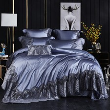 4pcs Bedding Set Luxury Silk Embroidered Duvet Cover Flat Sheet 2 Pillowcases