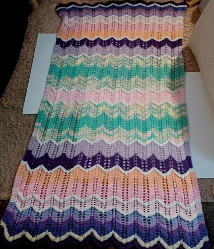 Afghan Blanket Crochet Handmade 57"L X 32"W Pastel Multicolor Zig Zag Pattern - Picture 2 of 11