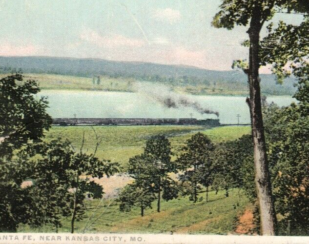 Postcard Kansas City MO Area Santa Fe R.R. Train by River Posted 1919