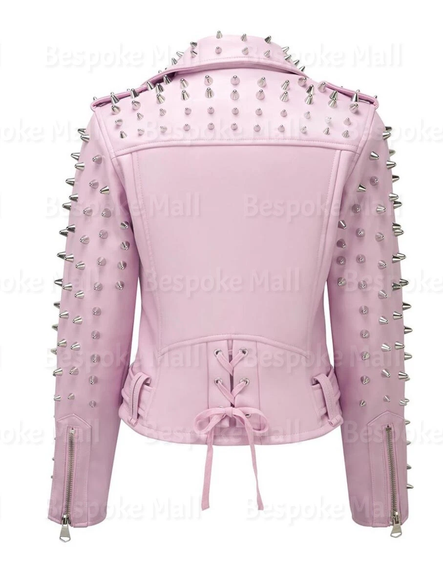 New Women s Baby Pink Brando Silver Spiked Studded Cowhide Leather