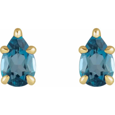 14K massiv Gold natürlicher London Blautopas 5-Krappen Kralle 6 x 4 mm Ohrstecker