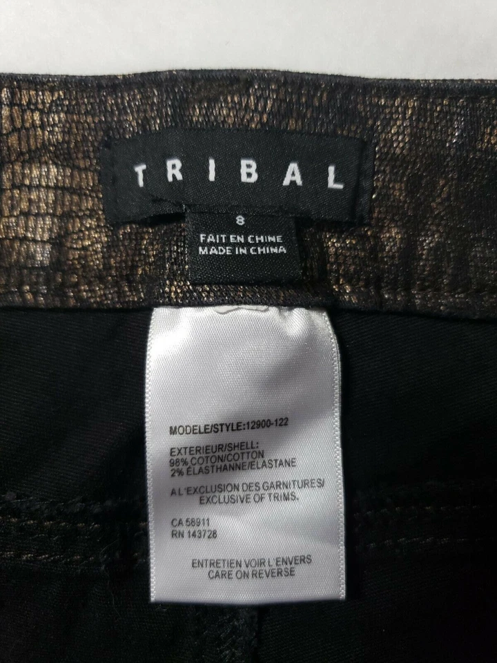 Pantalones de mezclilla ajustados de algodón elástico estampado de piel de serpiente talla Matalic dorados tribales para mujer Foto 3 de 4