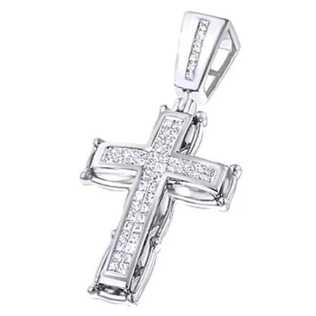 Colgante de cruz de diamantes creados en laboratorio de corte princesa de 2,3 quilates enchapado en oro blanco de 14 k para hombre Foto 3 de 4