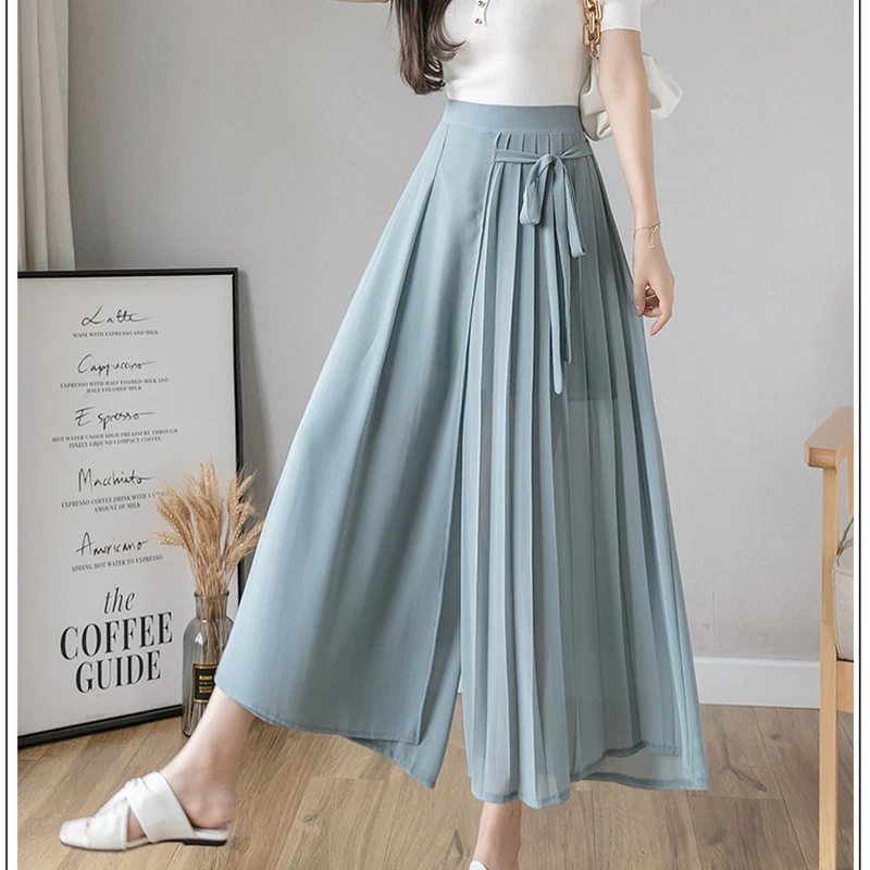 Lady Chiffon Pleated Wide Leg Pants Straight Trousers Culotte Casual Retro Solid