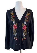 Susan Bristol Women's Cardigan Sweater PM Black Floral Hand Embroidered 1990s