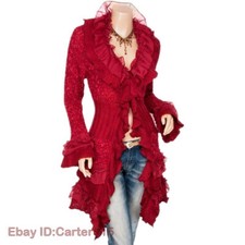 Ladies Sweater Knitted Coat Long Jacket Cardigan Lace Ruffle Jumper Casual Red
