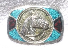 3d Horse Head Turquoise Corel Embedded Stones Silver Frame Buckle Mint Shape
